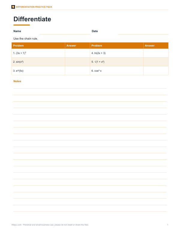 Preview of Printable Chain Rule Practice Sheet