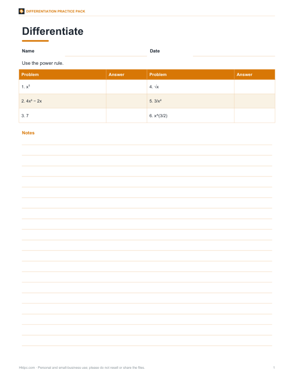 Preview of Printable Power Rule Differentiation Practice