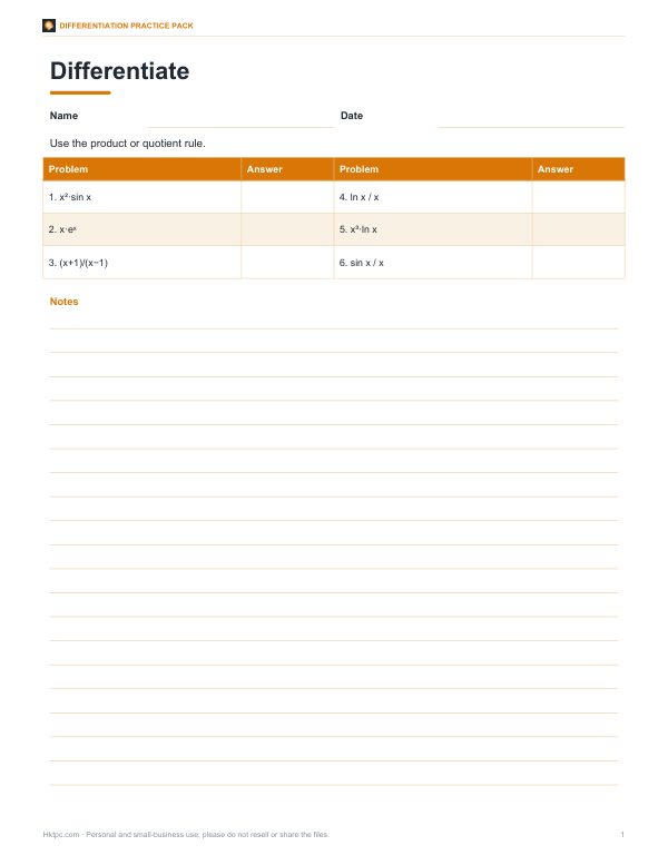 Preview of Printable Product and Quotient Rule Sheet
