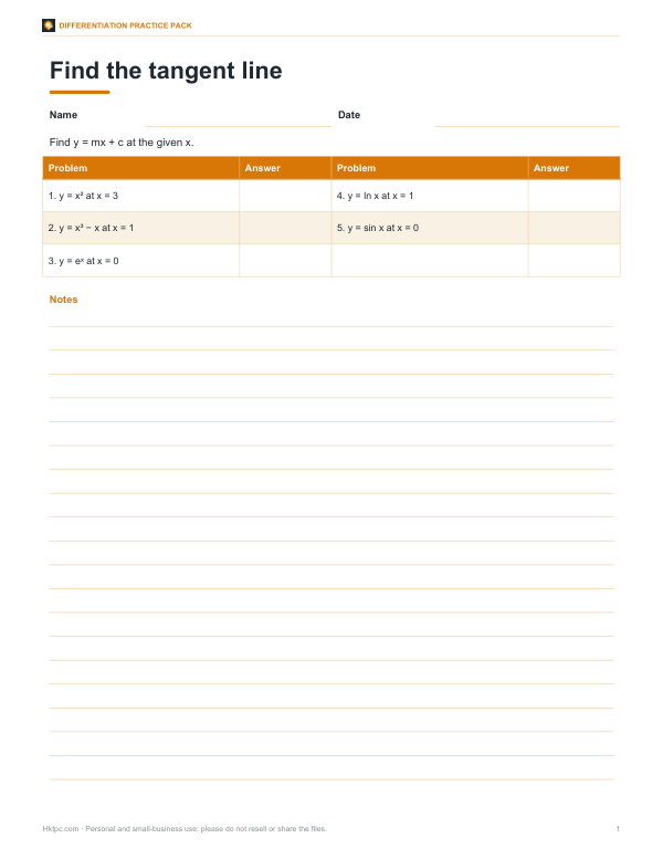 Preview of Printable Tangent Line Practice Sheet